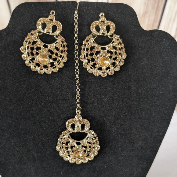 Earrings Maang Tikka Set | Bollyood Wedding Party Fashion Jewelry - Picture 1 of 6